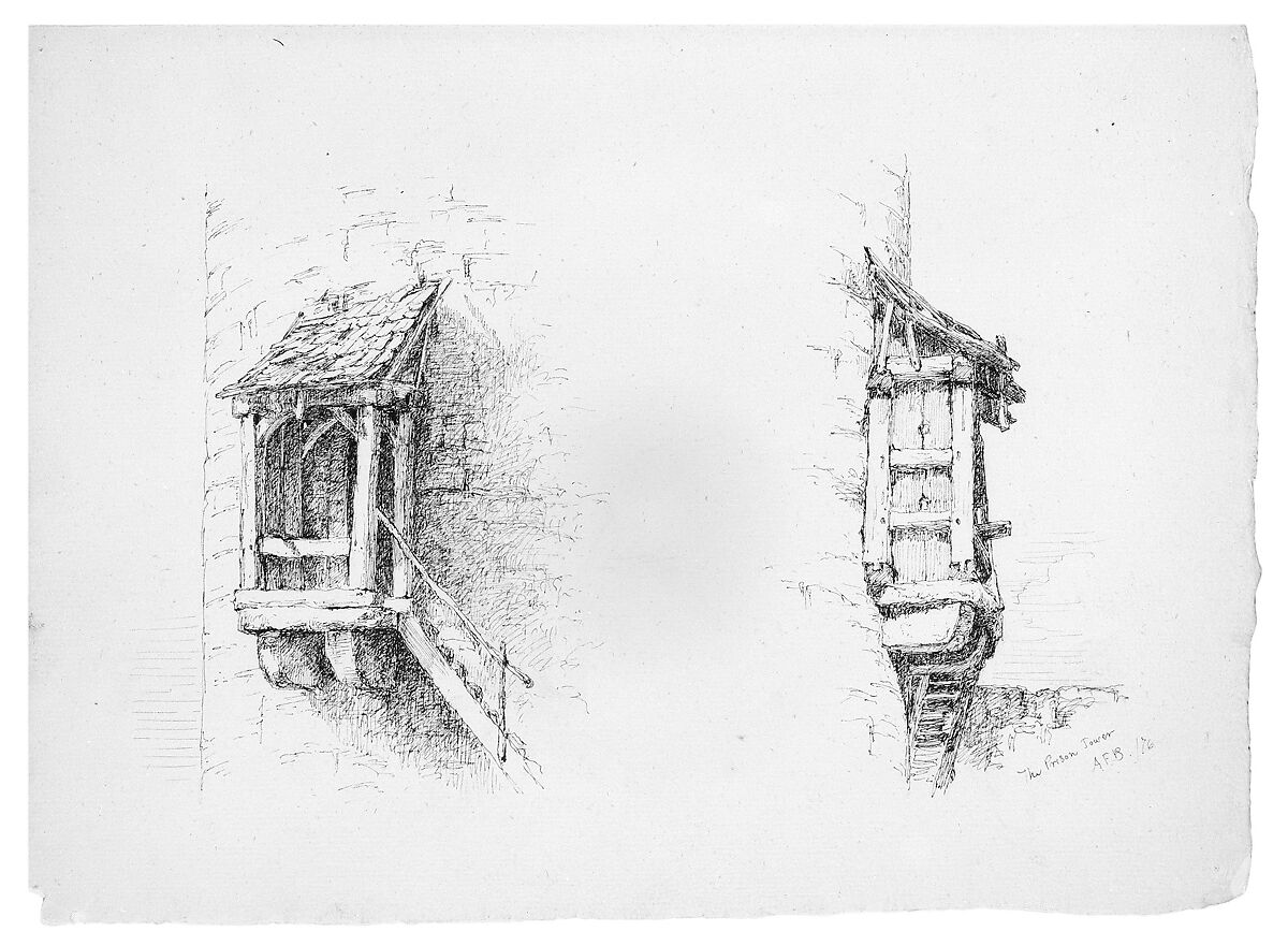 The Prison Tower, Andrew Fisher Bunner (1841–1897), Black ink and graphite traces on off-white laid paper, American 