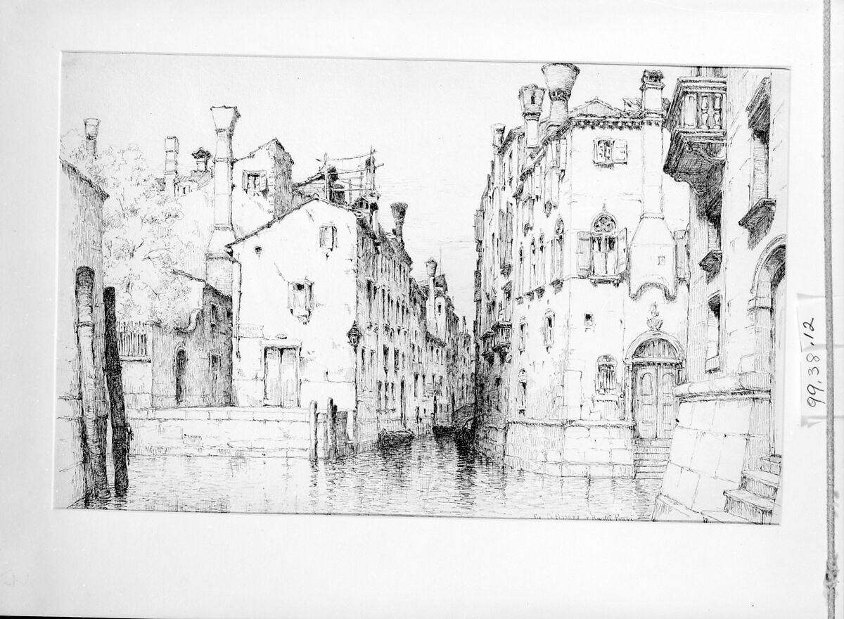 Rio Ca Pessaro and Rio dei Frari, Venice, Andrew Fisher Bunner (1841–1897), Ink and graphite traces on off-white wove paper, American