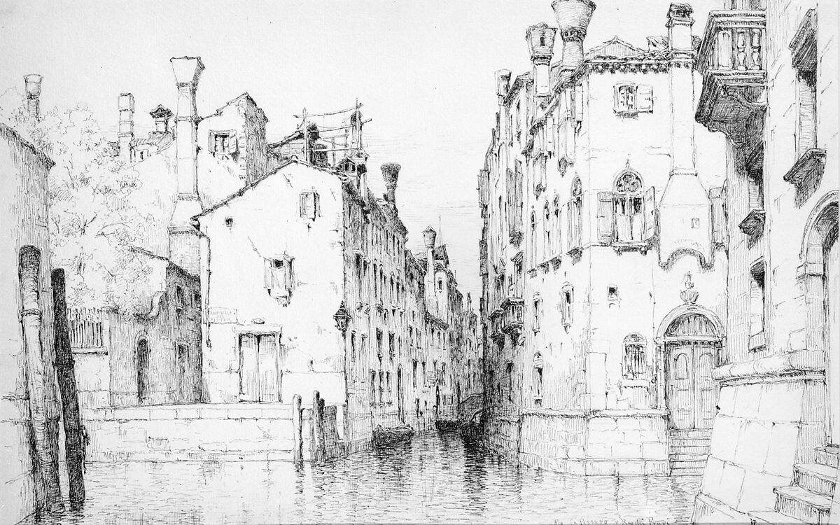 Rio Ca Pessaro and Rio dei Frari, Venice, Andrew Fisher Bunner (1841–1897), Ink and graphite traces on off-white wove paper, American 