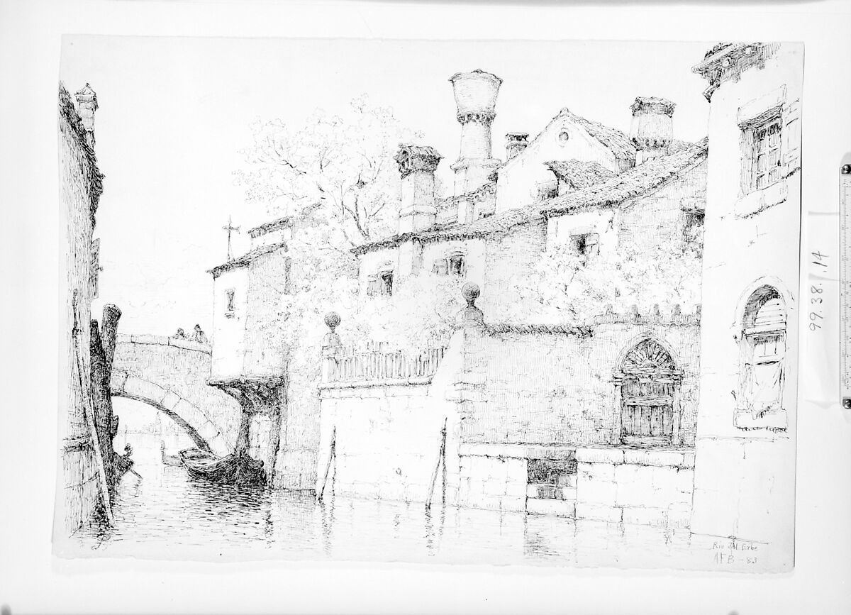 Rio del Erbe, Venice, Andrew Fisher Bunner (1841–1897), Black ink and graphite traces on off-white wove paper, American