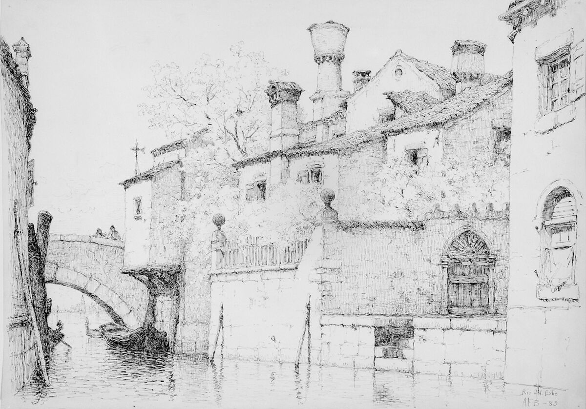 Rio del Erbe, Venice, Andrew Fisher Bunner (1841–1897), Black ink and graphite traces on off-white wove paper, American 