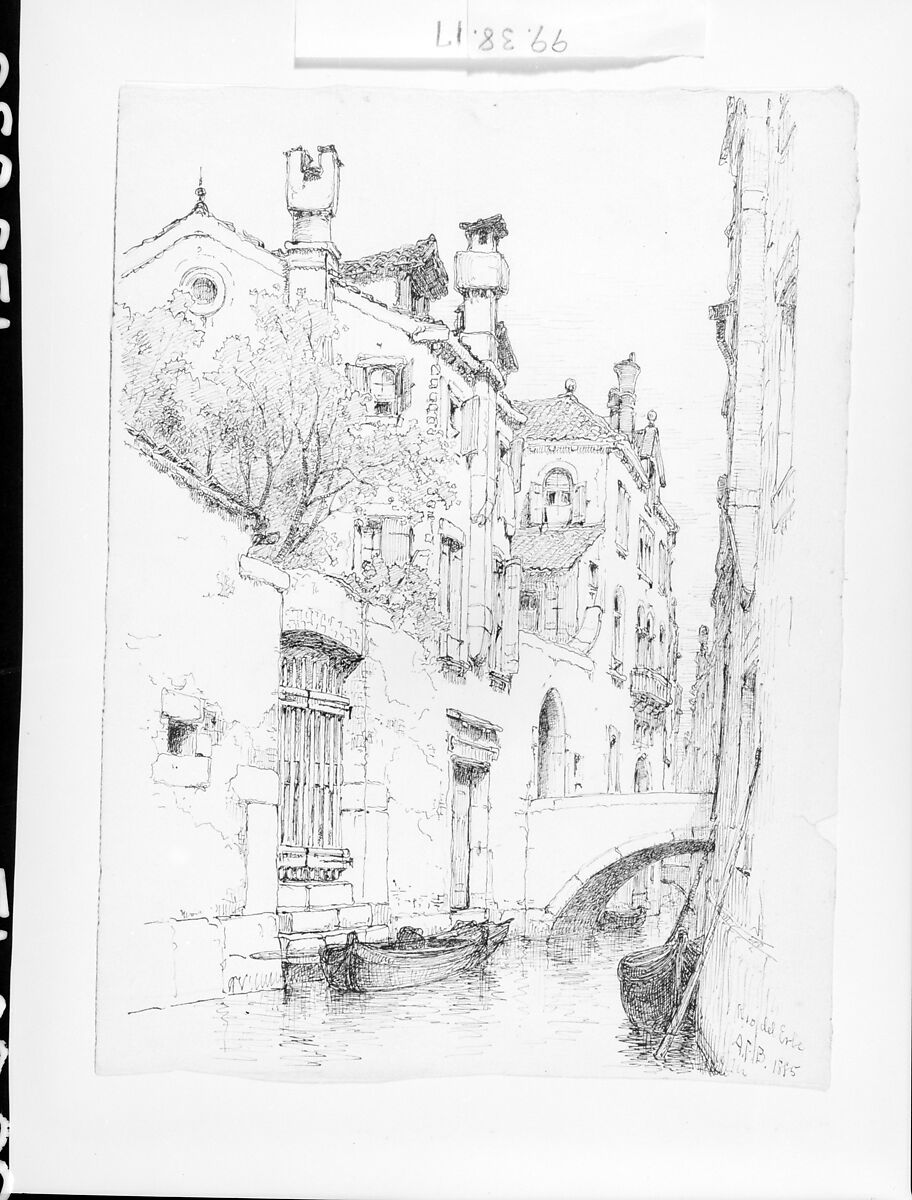 Rio del Erbe, Venice, Andrew Fisher Bunner (1841–1897), Ink traces of graphite on off-white wove paper, American