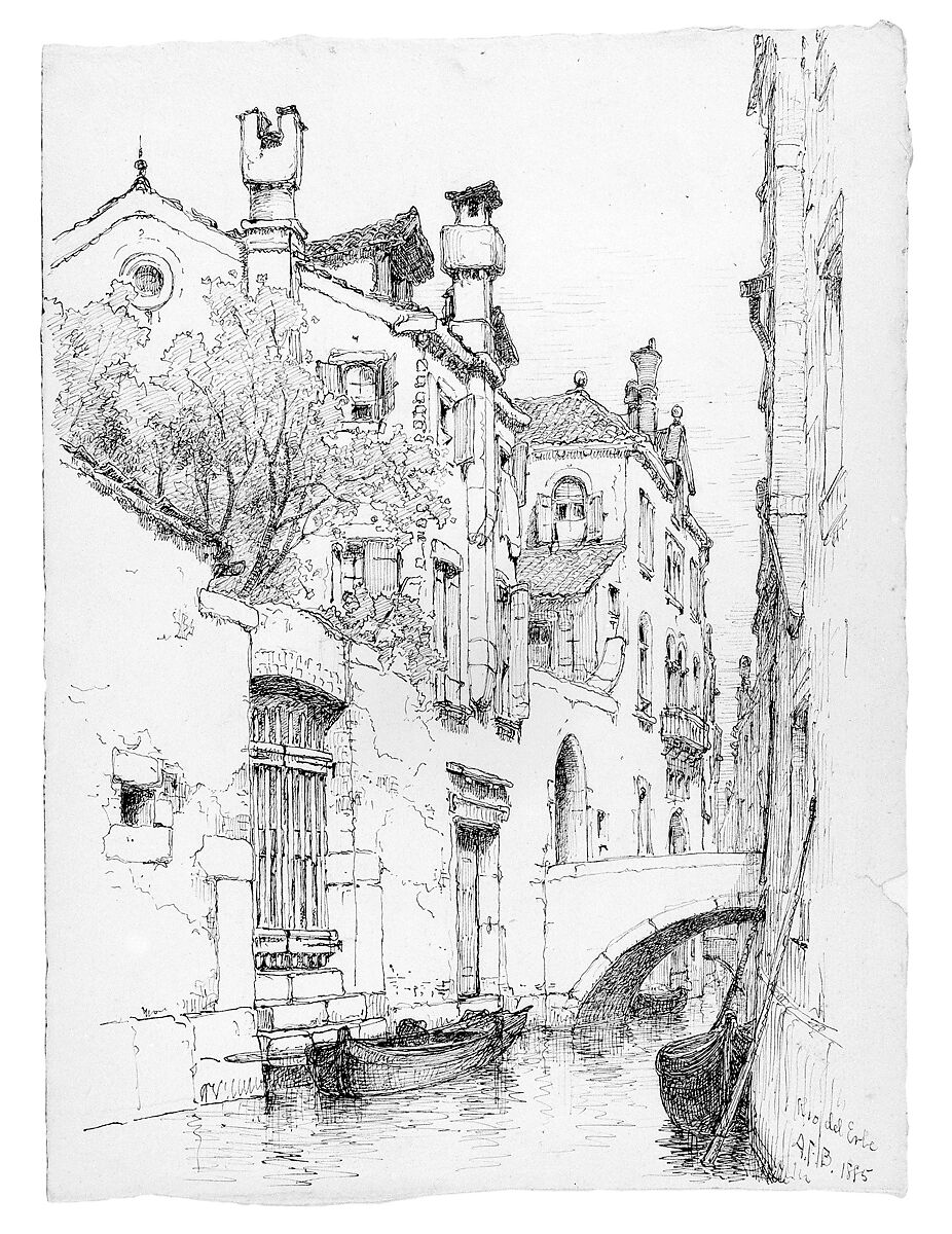 Rio del Erbe, Venice, Andrew Fisher Bunner (1841–1897), Ink traces of graphite on off-white wove paper, American 