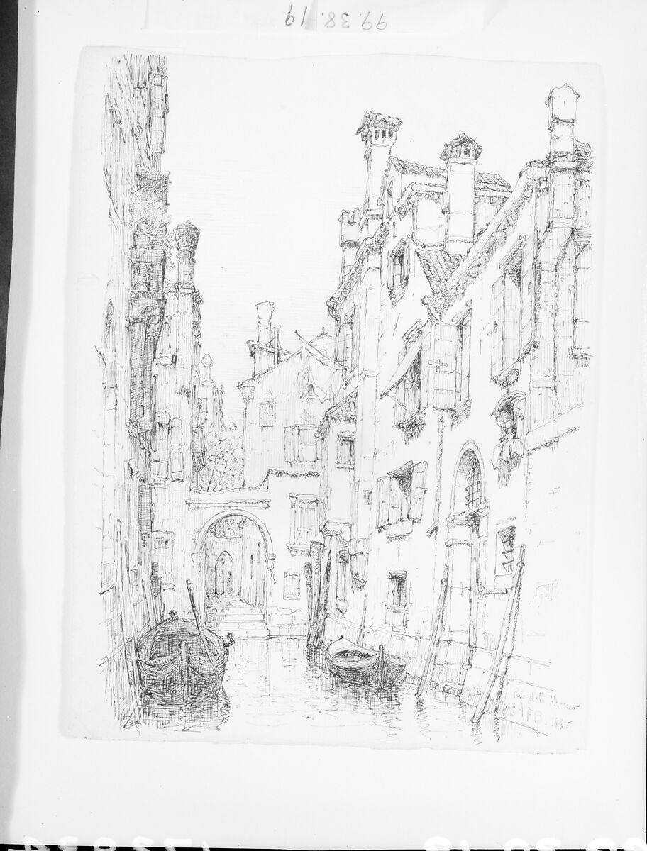 Rio del Forner, Venice, Andrew Fisher Bunner (1841–1897), Black ink and graphite traces on off-white wove paper, American