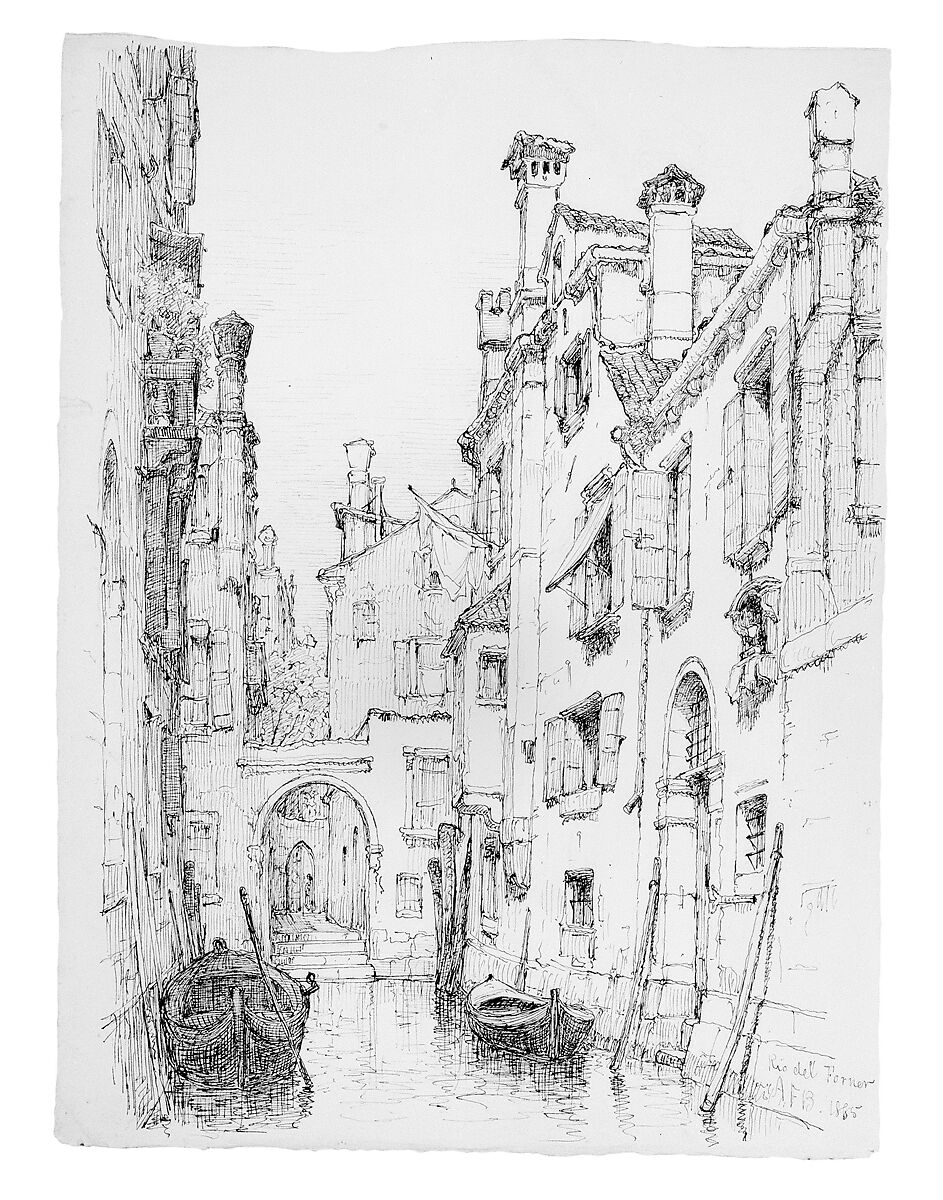 Rio del Forner, Venice, Andrew Fisher Bunner (1841–1897), Black ink and graphite traces on off-white wove paper, American 