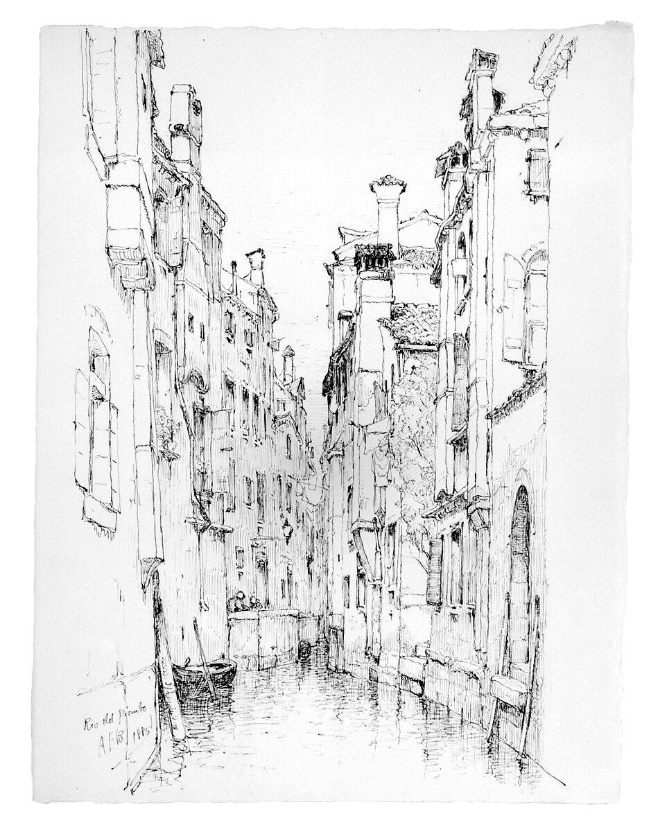 Rio del Piombo, Venice, Andrew Fisher Bunner (1841–1897), Black ink and graphite traces on off-white wove paper, American 