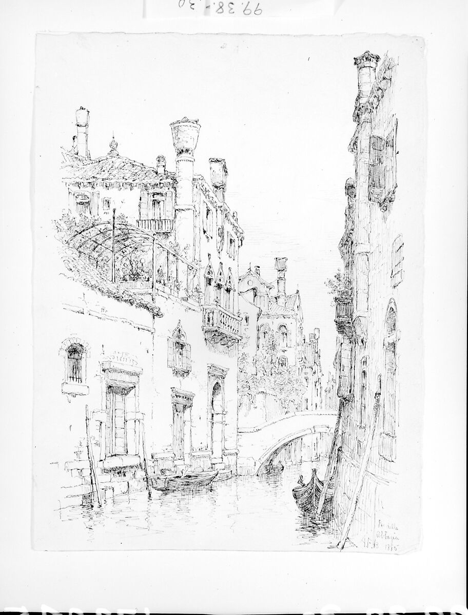 Rio della Abbazia, Venice, Andrew Fisher Bunner (1841–1897), Black ink and graphite traces on off-white wove paper, American