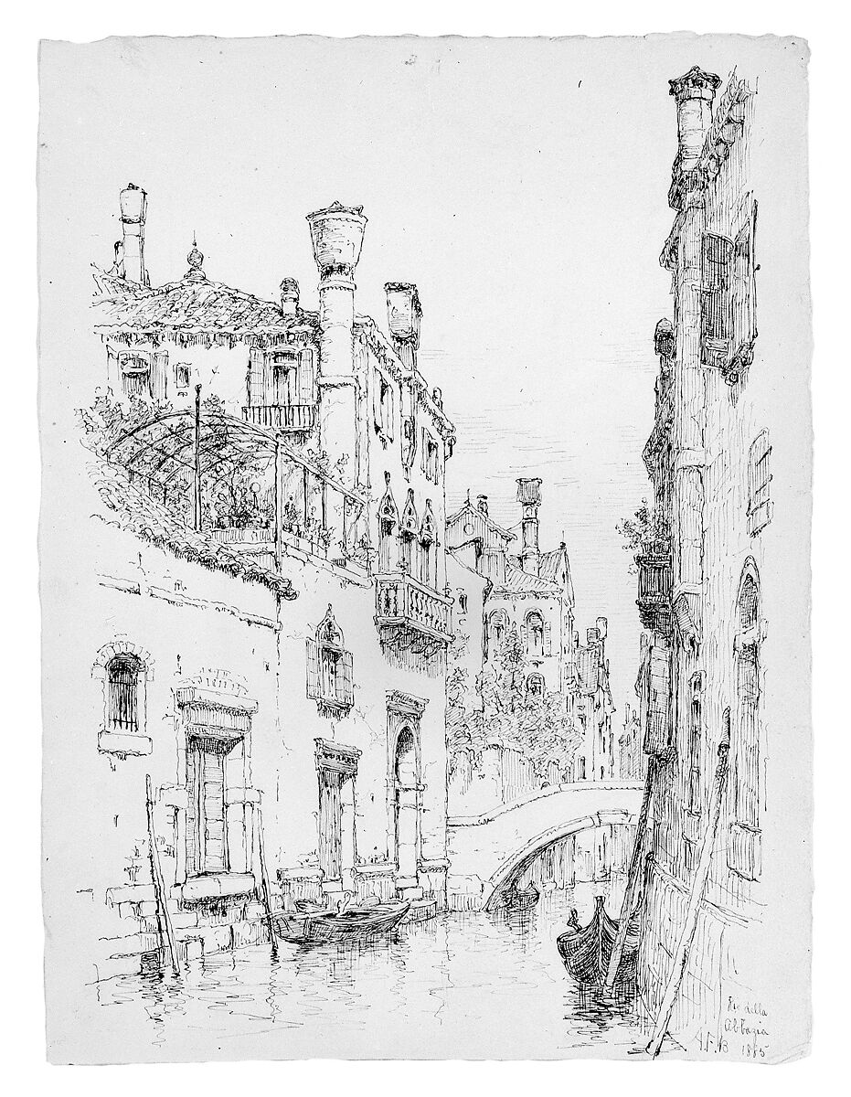 Rio della Abbazia, Venice, Andrew Fisher Bunner (1841–1897), Black ink and graphite traces on off-white wove paper, American 