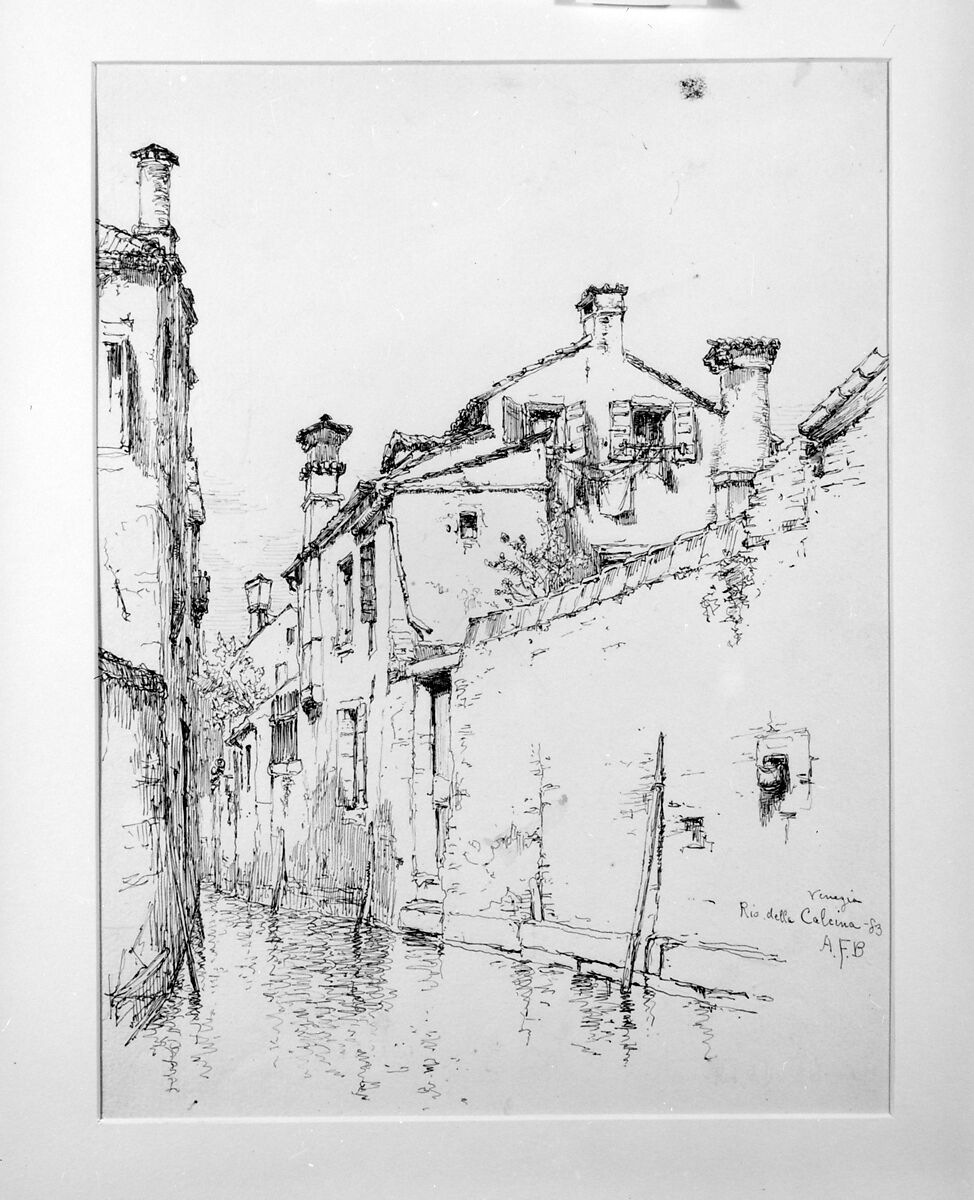 Rio della Calcina, Venice, Andrew Fisher Bunner (1841–1897), Black ink and graphite traces on off-white wove paper, American 