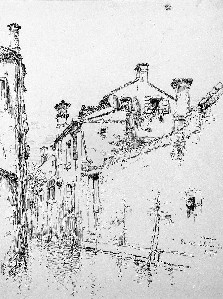 Rio della Calcina, Venice, Andrew Fisher Bunner (1841–1897), Black ink and graphite traces on off-white wove paper, American