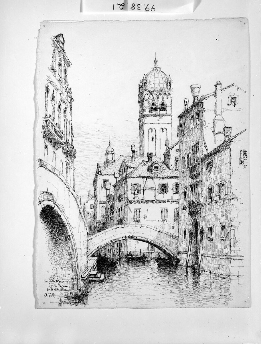 Rio della Fosca and Santa Fosca, Venice, Andrew Fisher Bunner (1841–1897), Black ink and graphite traces on off-white wove paper, American 