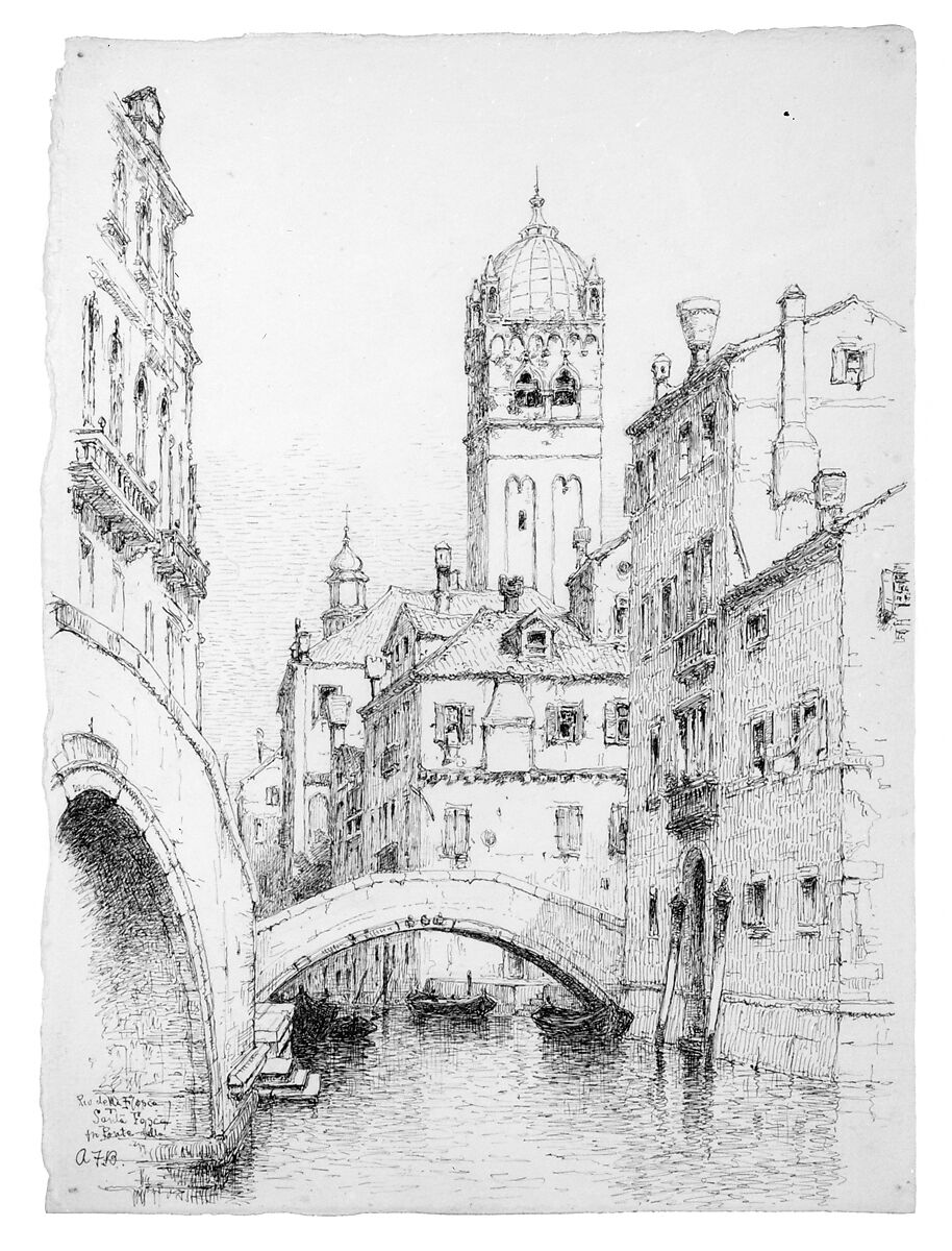 Rio della Fosca and Santa Fosca, Venice, Andrew Fisher Bunner (1841–1897), Black ink and graphite traces on off-white wove paper, American