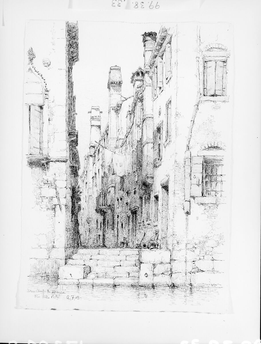 Rio della Pieta, Venice, Andrew Fisher Bunner (1841–1897), Black ink and graphite traces on off-white wove paper, American