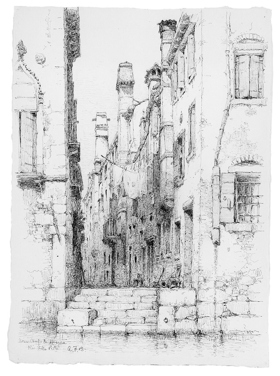 Rio della Pieta, Venice, Andrew Fisher Bunner (1841–1897), Black ink and graphite traces on off-white wove paper, American 