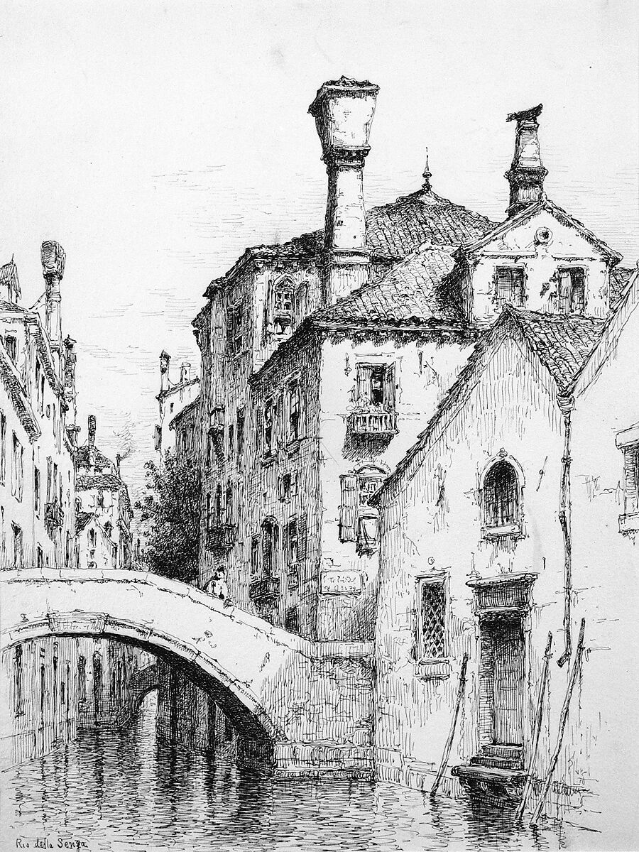 Rio della Sensa, Venice, Andrew Fisher Bunner (1841–1897), Black ink and graphite traces on off-white buff paper, American 