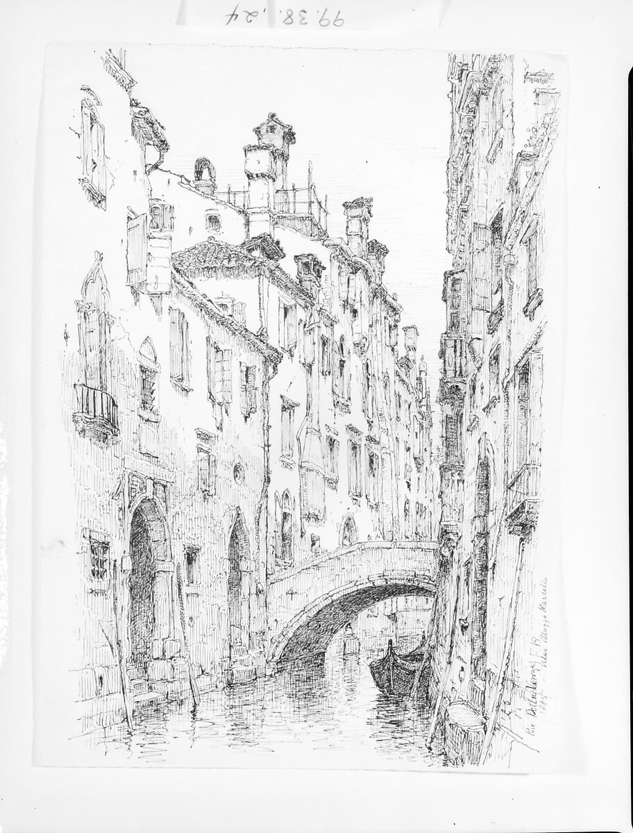 Rio della Verona, Venice, Andrew Fisher Bunner (1841–1897), Black ink and graphite traces on off-white wove paper, American