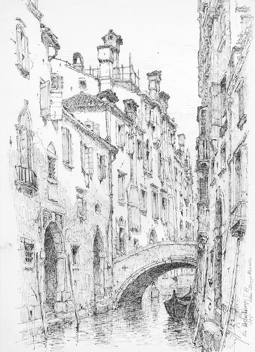 Rio della Verona, Venice, Andrew Fisher Bunner (1841–1897), Black ink and graphite traces on off-white wove paper, American 