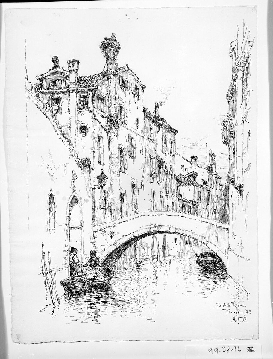 Rio della Verona, Venice, Andrew Fisher Bunner (1841–1897), Black ink and graphite traces on off-white laid paper, American 