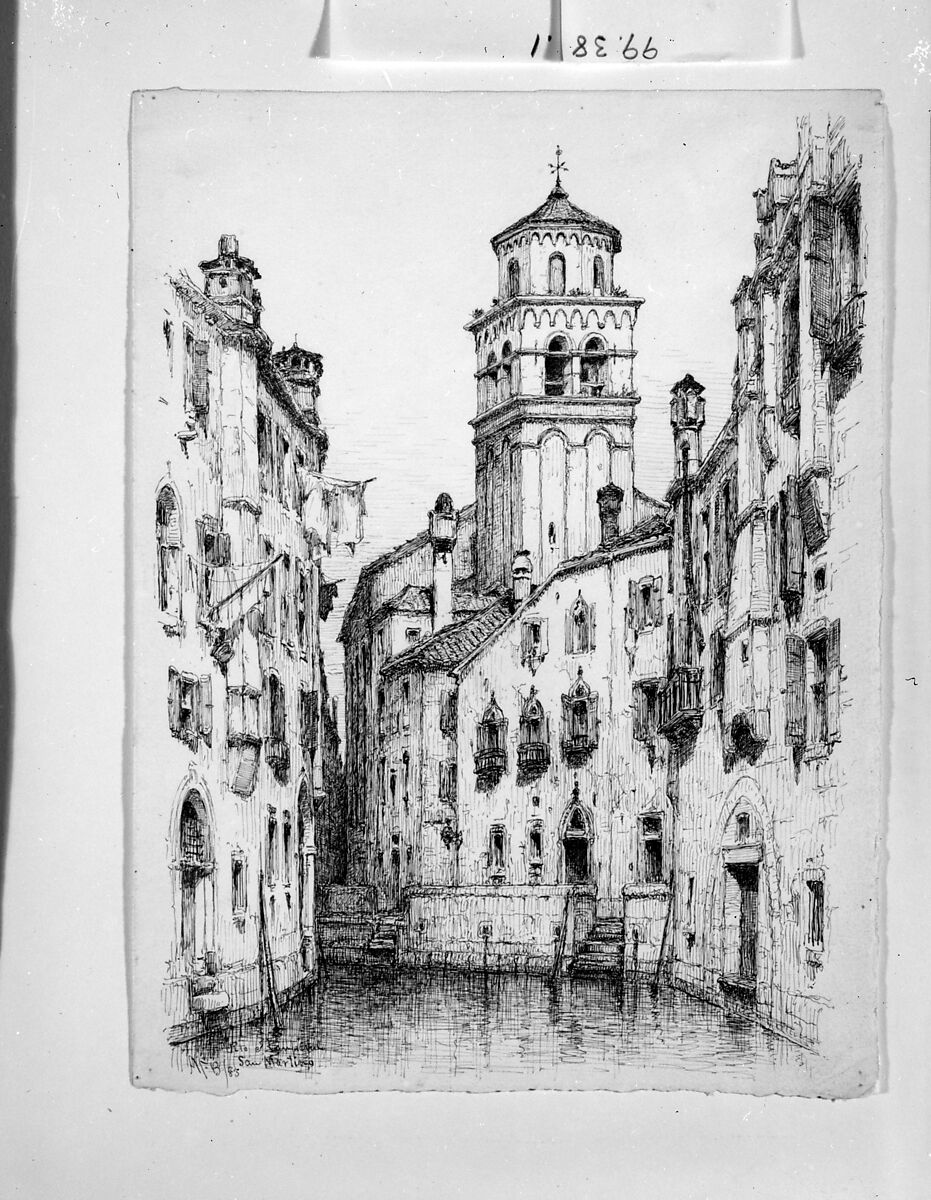 Rio e Campanile San Martino, Venice, Andrew Fisher Bunner (1841–1897), Pen and black ink on off-white wove paper, American