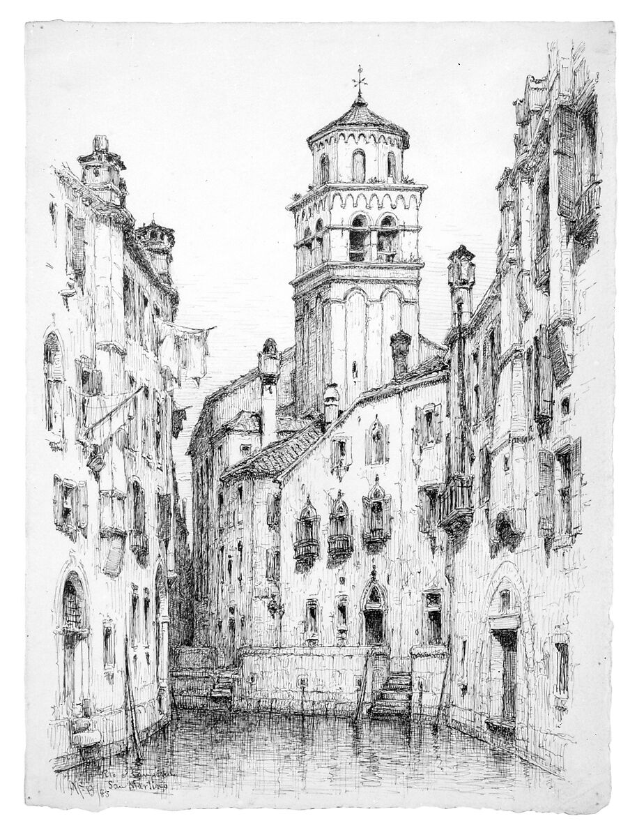 Rio e Campanile San Martino, Venice, Andrew Fisher Bunner (1841–1897), Pen and black ink on off-white wove paper, American 