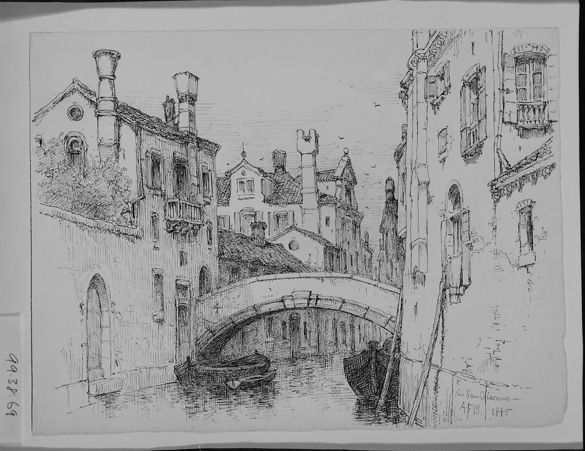 Rio San Giacomo, Venice, Andrew Fisher Bunner (1841–1897), Black ink and graphite traces on off-white wove paper, American