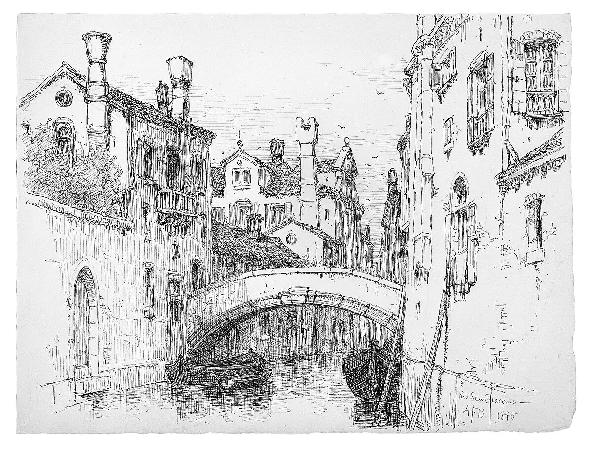 Rio San Giacomo, Venice, Andrew Fisher Bunner (1841–1897), Black ink and graphite traces on off-white wove paper, American 