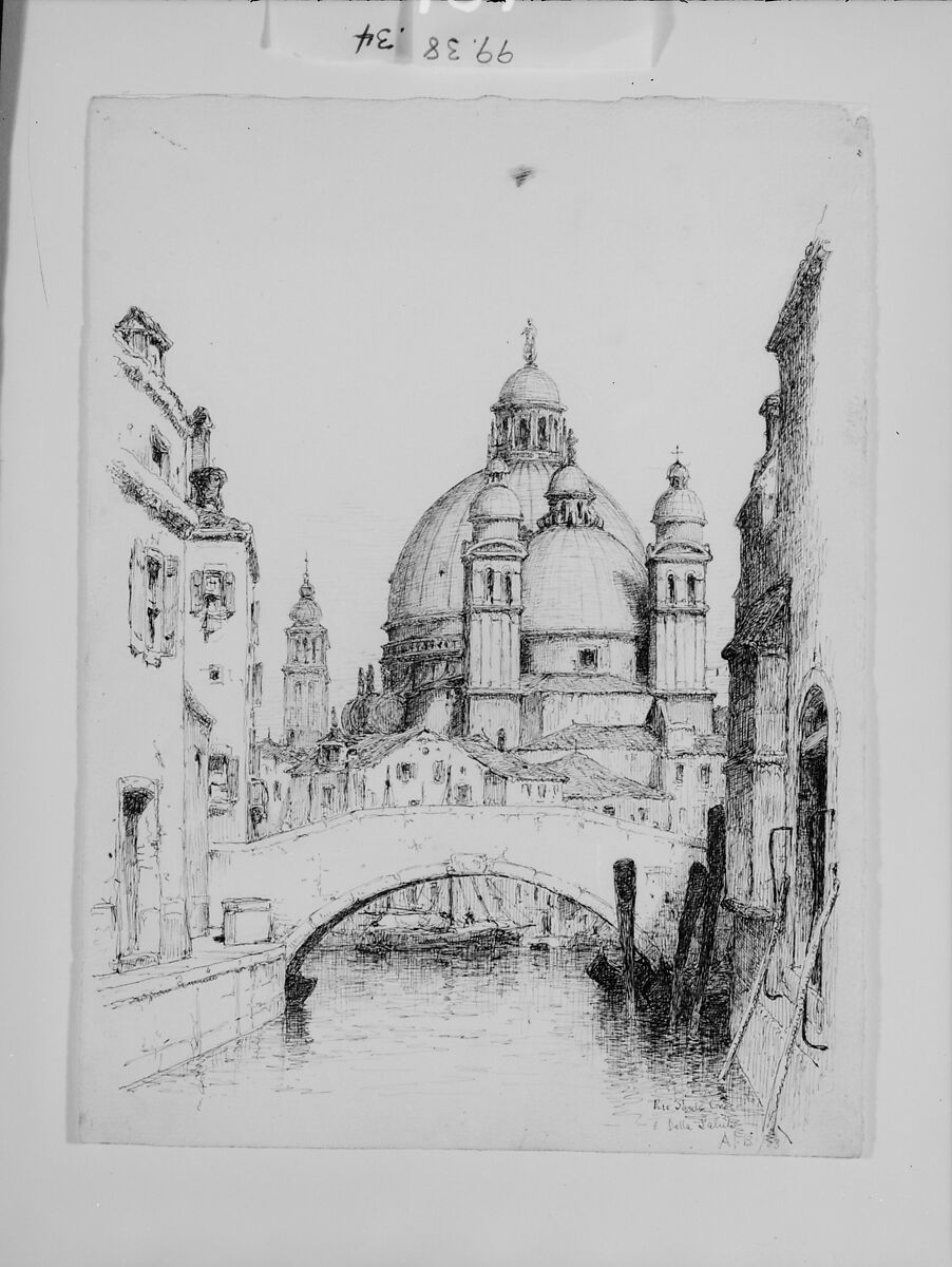 Rio Santa Croce e Santa Maria della Salute, Venice, Andrew Fisher Bunner (1841–1897), Black ink and graphite traces on off-white wove paper, American