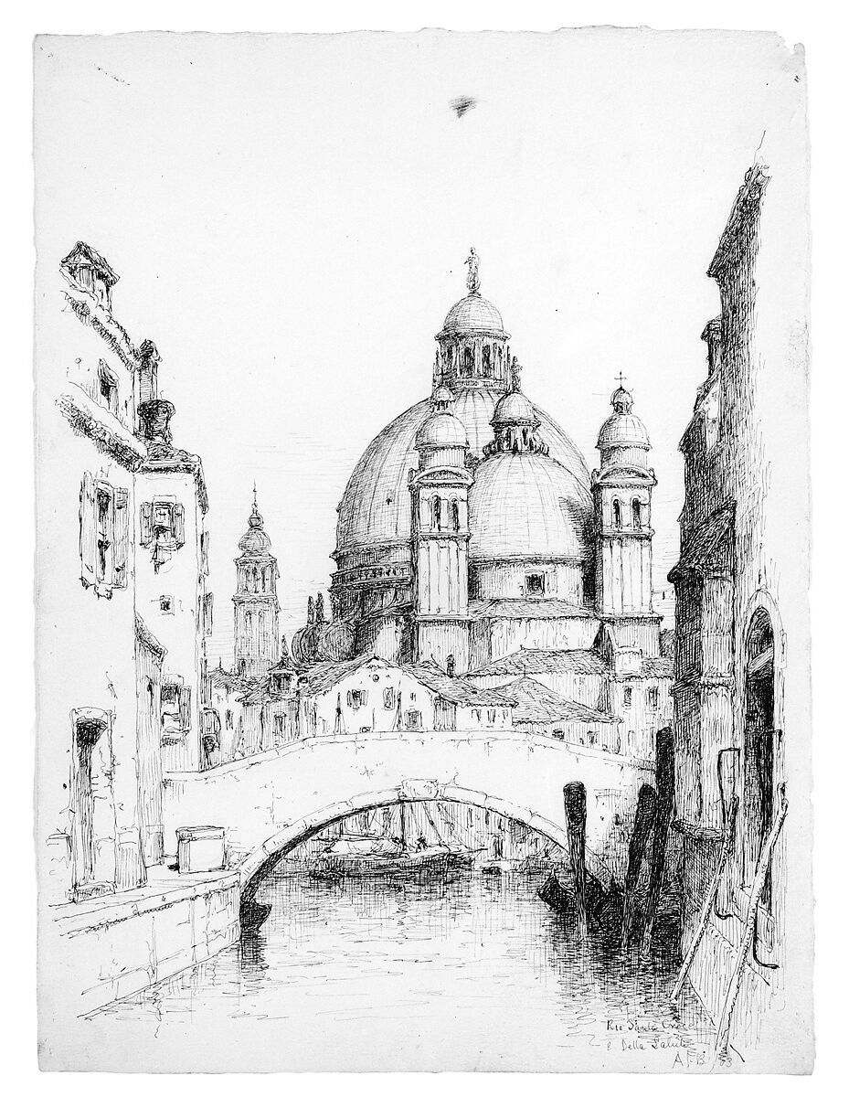 Rio Santa Croce e Santa Maria della Salute, Venice, Andrew Fisher Bunner (1841–1897), Black ink and graphite traces on off-white wove paper, American 