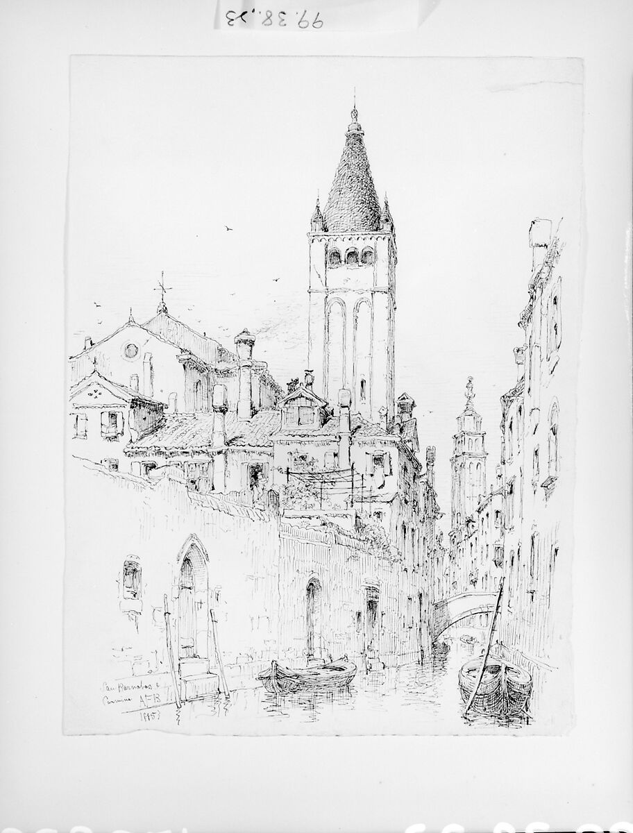 San Barnabas e Carmine, Venice, Andrew Fisher Bunner (1841–1897), Black ink and graphite traces on off-white wove paper, American