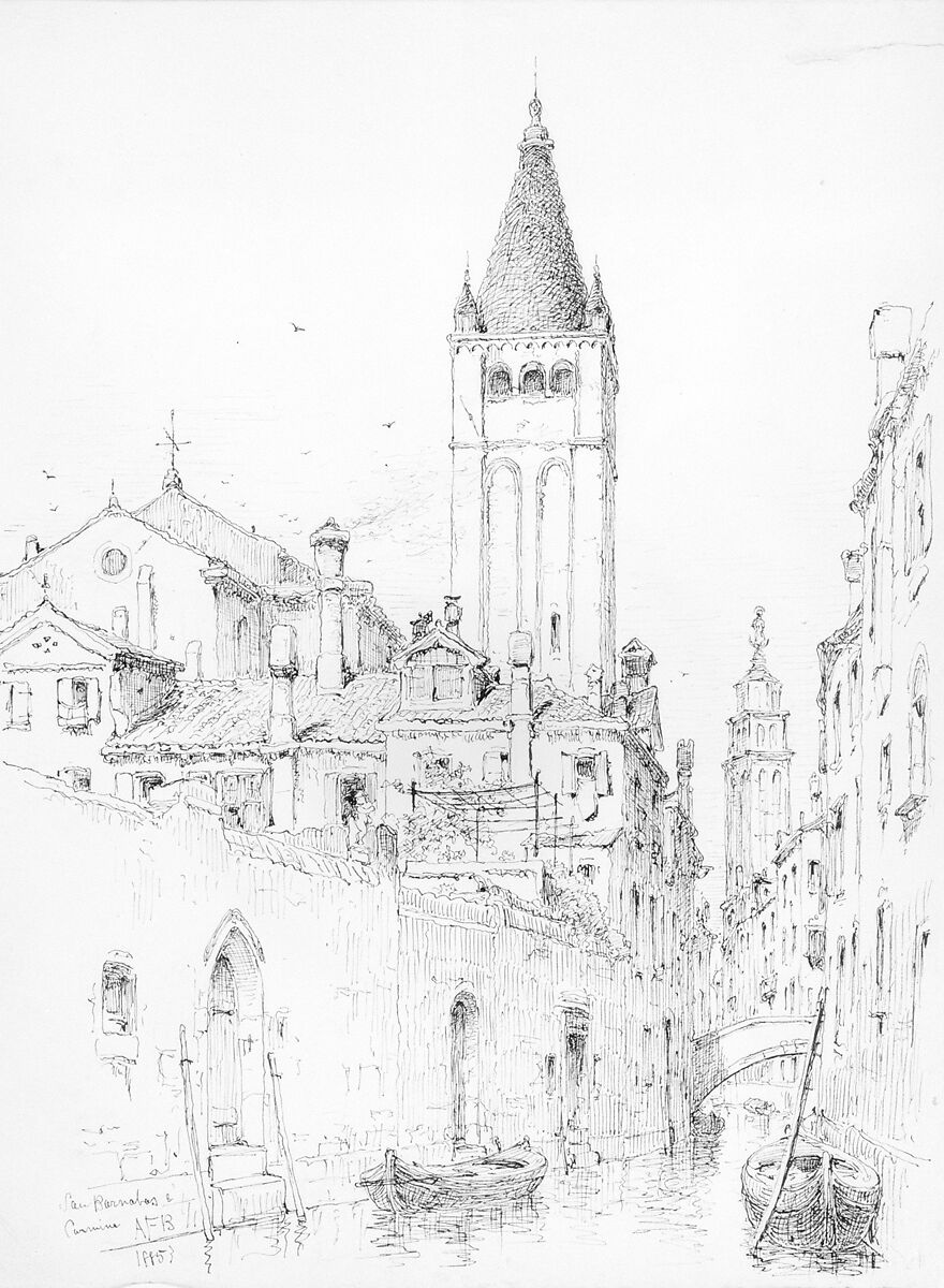 San Barnabas e Carmine, Venice, Andrew Fisher Bunner (1841–1897), Black ink and graphite traces on off-white wove paper, American 