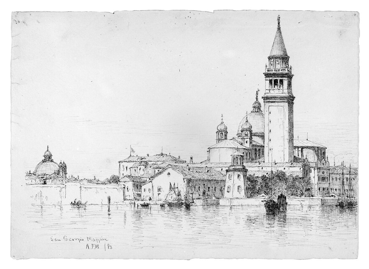 San Giorgio Maggiore, Venice, Andrew Fisher Bunner (1841–1897), Black ink on off-white wove paper, American 