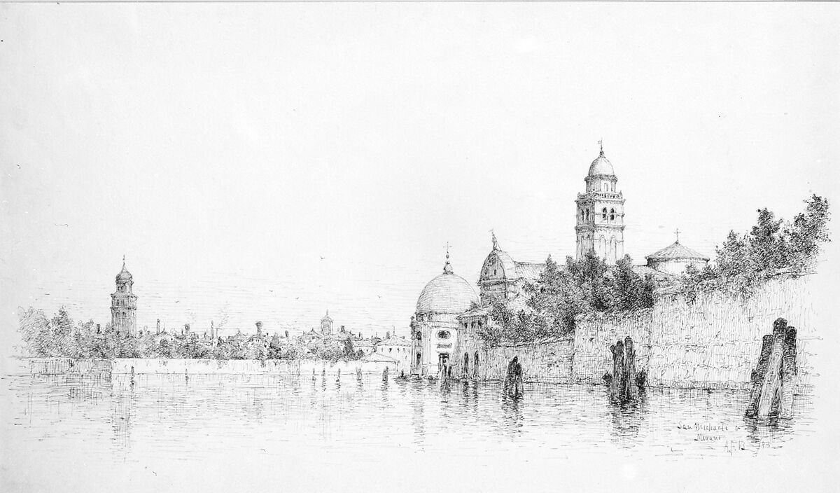 San Michaeli and Murano, Venice, Andrew Fisher Bunner (1841–1897), Black ink and graphite traces on off-white wover paper, American 