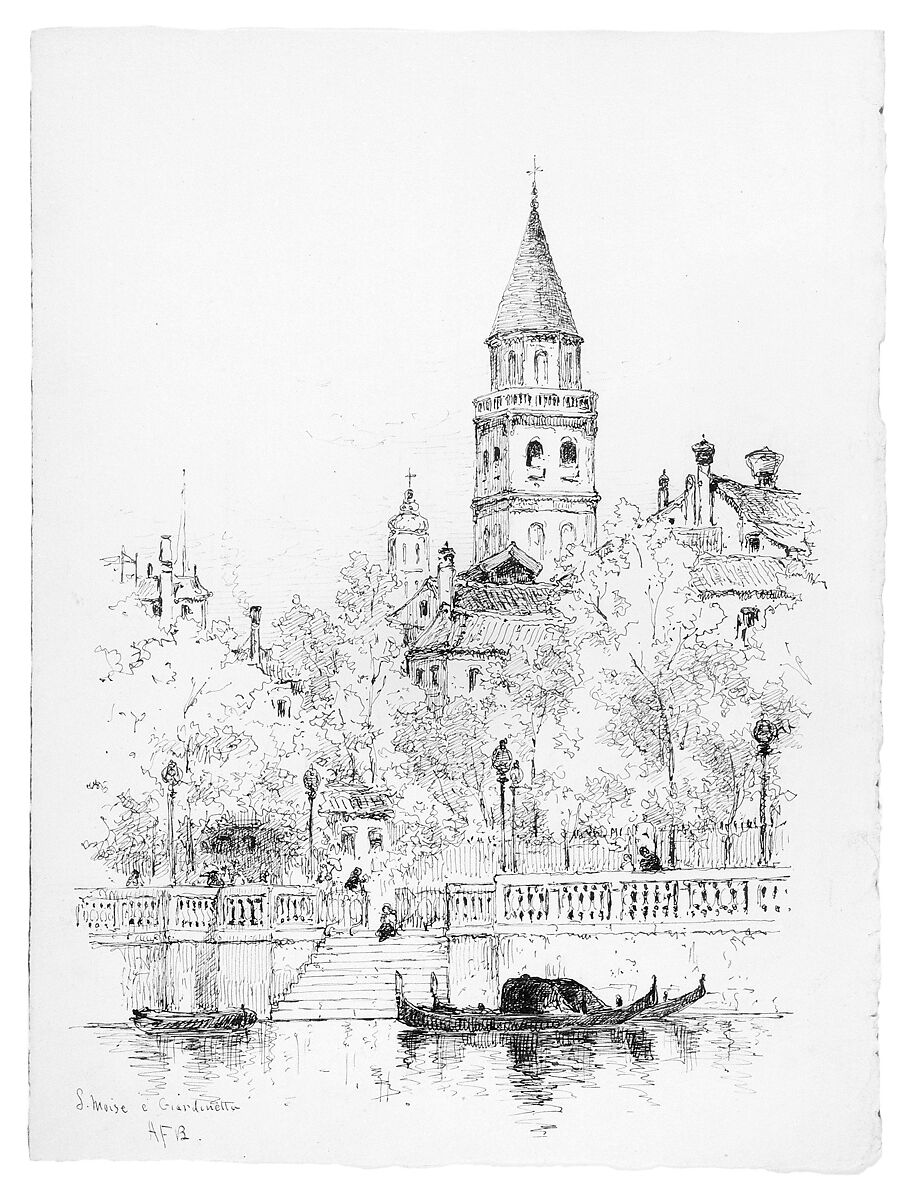 San Moise e Giardinetto, Venice, Andrew Fisher Bunner (1841–1897), Black pen and graphite traces on off-white wove paper, American