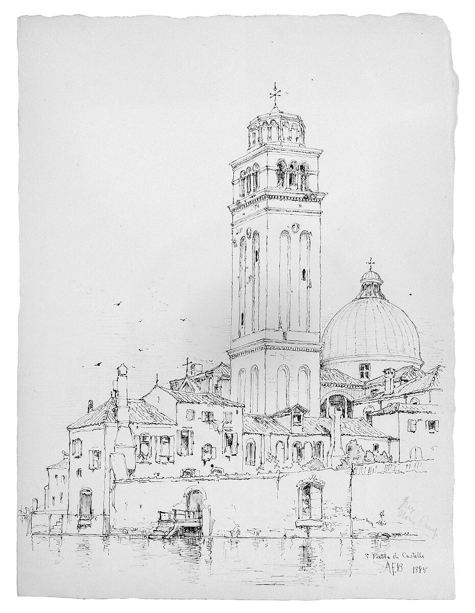 San Pietro di Castello, Venice, Andrew Fisher Bunner (1841–1897), Black ink and graphite traces on off-white wove paper, American 