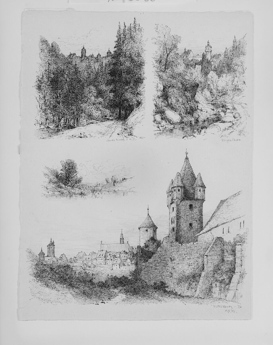 Sheet of Four Sketches of Germany, Andrew Fisher Bunner (1841–1897), Black ink on light buff wove paper, American