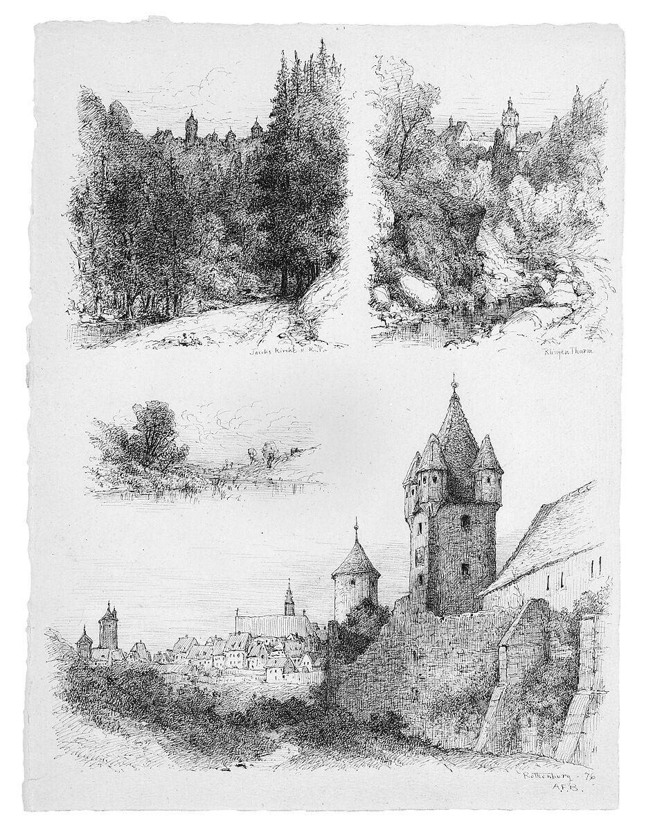 Sheet of Four Sketches of Germany, Andrew Fisher Bunner (1841–1897), Black ink on light buff wove paper, American 