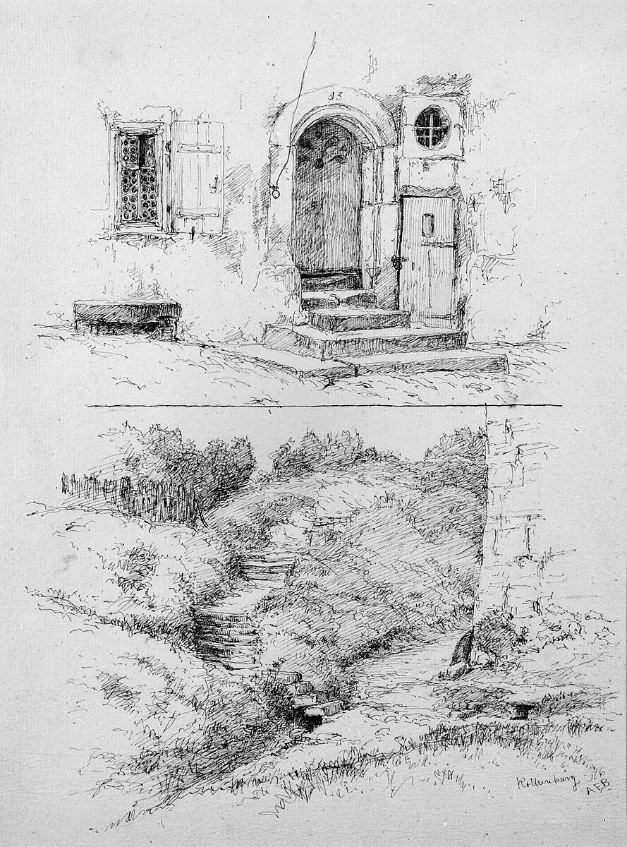Sheet of Two Sketches of Rothenburg, Germany, Andrew Fisher Bunner (1841–1897), Black ink on light buff laid paper, American 