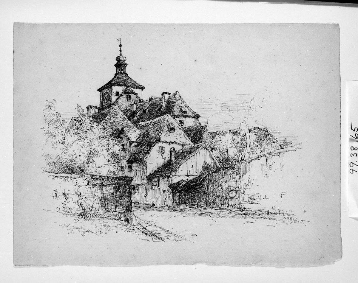 Sketch of a German Village, Andrew Fisher Bunner (1841–1897), Black ink and graphite traces on off-whitw laid paper, American