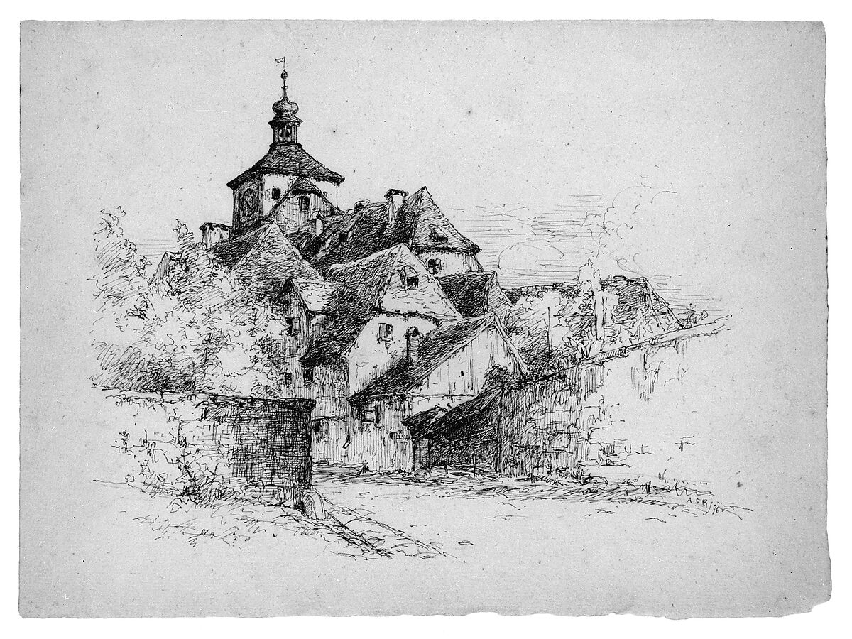 Sketch of a German Village, Andrew Fisher Bunner (1841–1897), Black ink and graphite traces on off-whitw laid paper, American 