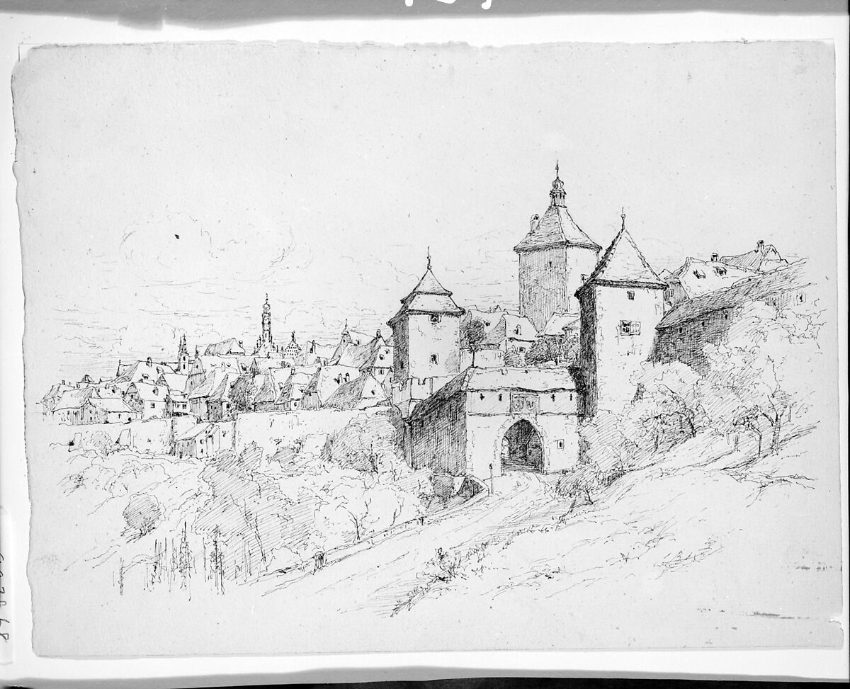 Sketch of a Town in Germany, Andrew Fisher Bunner (1841–1897), Black ink and graphite traces on off-white laid paper, American