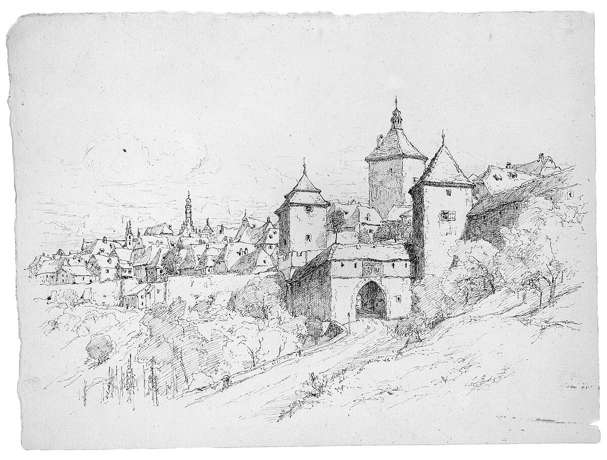 Sketch of a Town in Germany, Andrew Fisher Bunner (1841–1897), Black ink and graphite traces on off-white laid paper, American 
