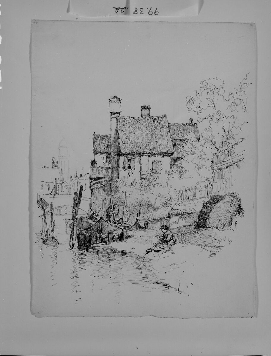 Sketch of House and Canal (Possibly in Venice), Andrew Fisher Bunner (1841–1897), Black ink and graphite on off-white wove paper, American
