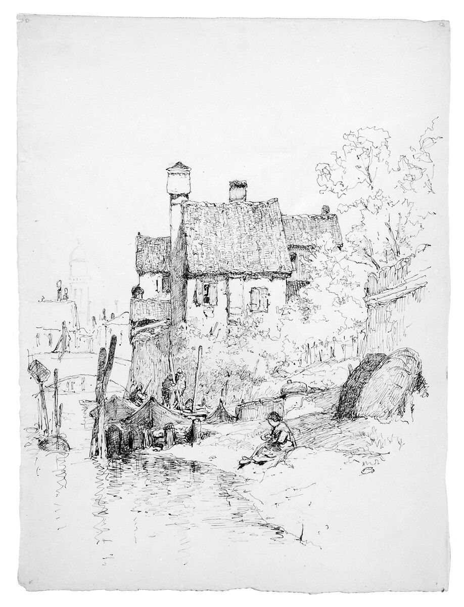 Sketch of House and Canal (Possibly in Venice), Andrew Fisher Bunner (1841–1897), Black ink and graphite on off-white wove paper, American 