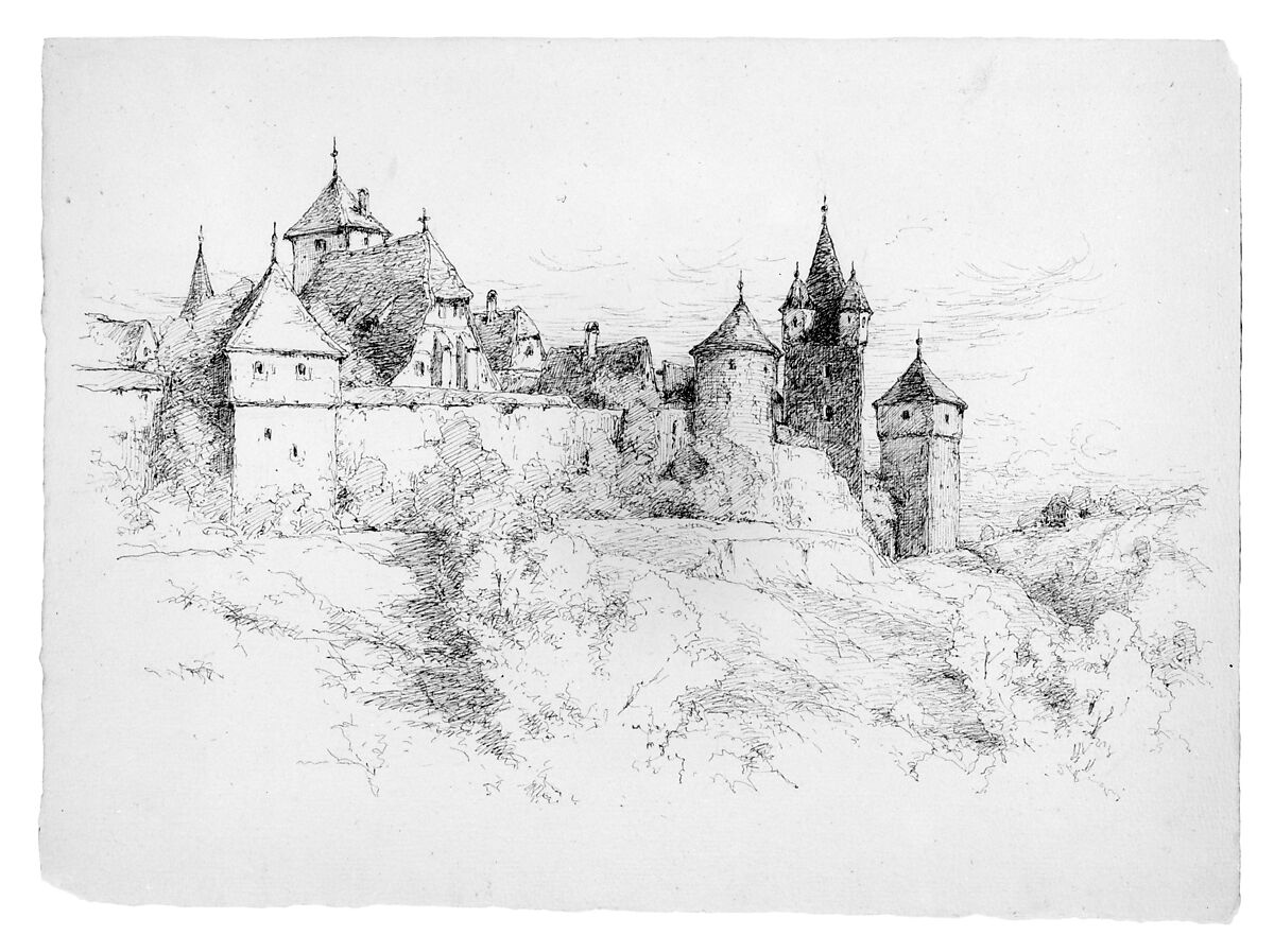 Sketch of Houses (Probably in Germany), Andrew Fisher Bunner (1841–1897), Black ink on light buff laid paper, American 