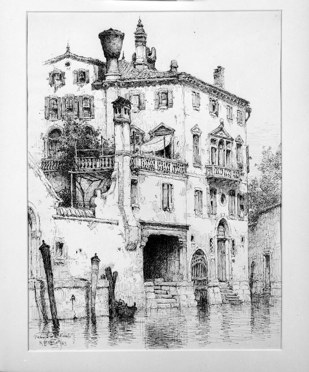 Sketch of Houses near SS. Giovanni e Paolo, Venice, Andrew Fisher Bunner (1841–1897), Black ink and graphite traces on off-white wove paper, American