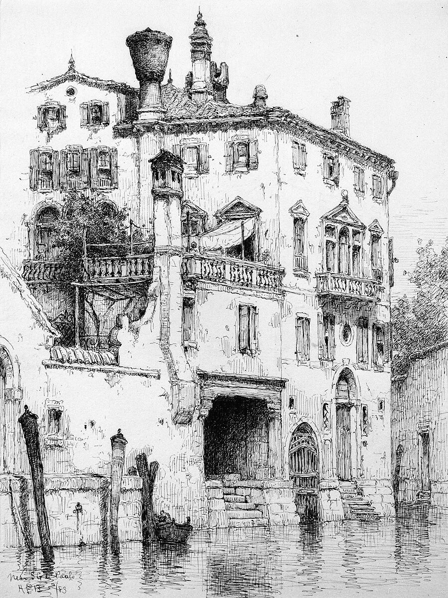 Sketch of Houses near SS. Giovanni e Paolo, Venice, Andrew Fisher Bunner (1841–1897), Black ink and graphite traces on off-white wove paper, American 
