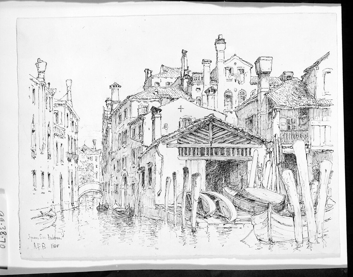 Squero San Andrea, Venice, Andrew Fisher Bunner (1841–1897), Black ink and graphite traces on off-white wove paper, American
