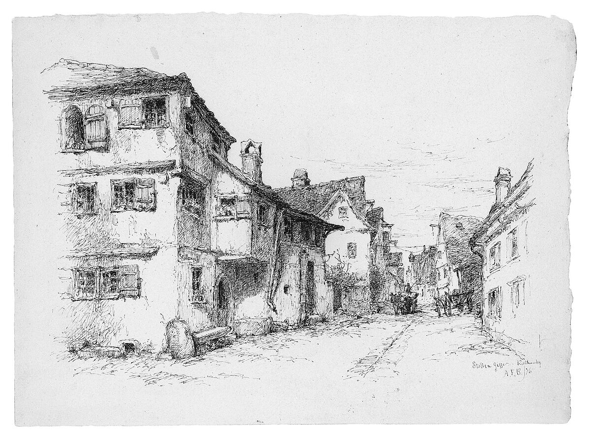 Stollen Gasser, Rothenburg, Germany, Andrew Fisher Bunner (1841–1897), Black ink and graphite traces on off-white laid paper, American 
