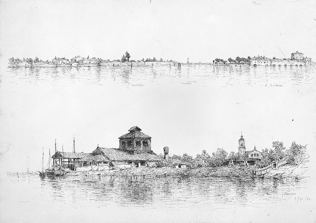 Two Sketches of Venice: Sartoza, Torcello and S. Andrea; Murano, Andrew Fisher Bunner (1841–1897), Black ink on off-white wove paper, American 