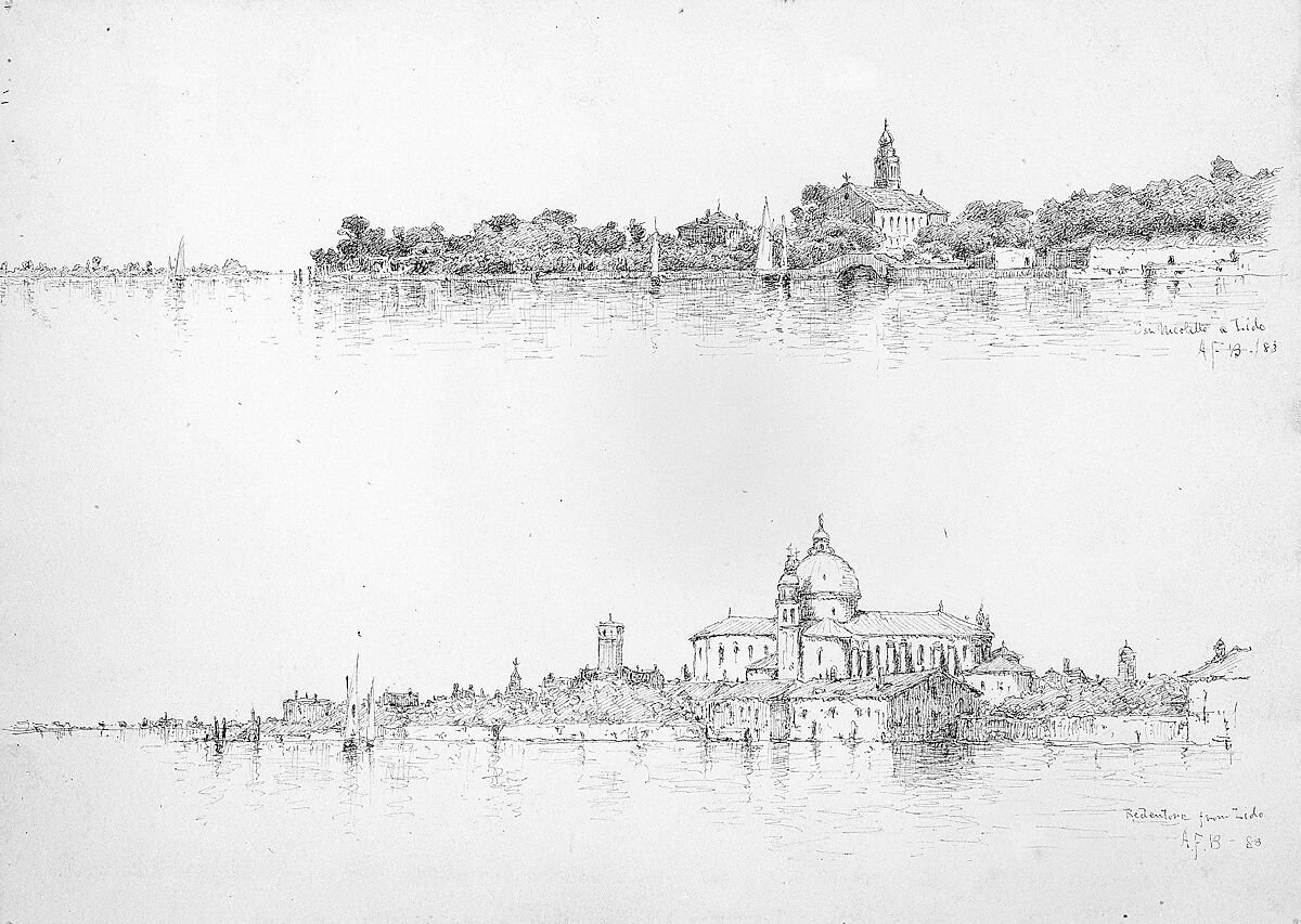 Two Sketches of Venice: San Nicoletto a Lido; Redentorre from Lido, Andrew Fisher Bunner (1841–1897), Black ink on off-white wove paper, American 